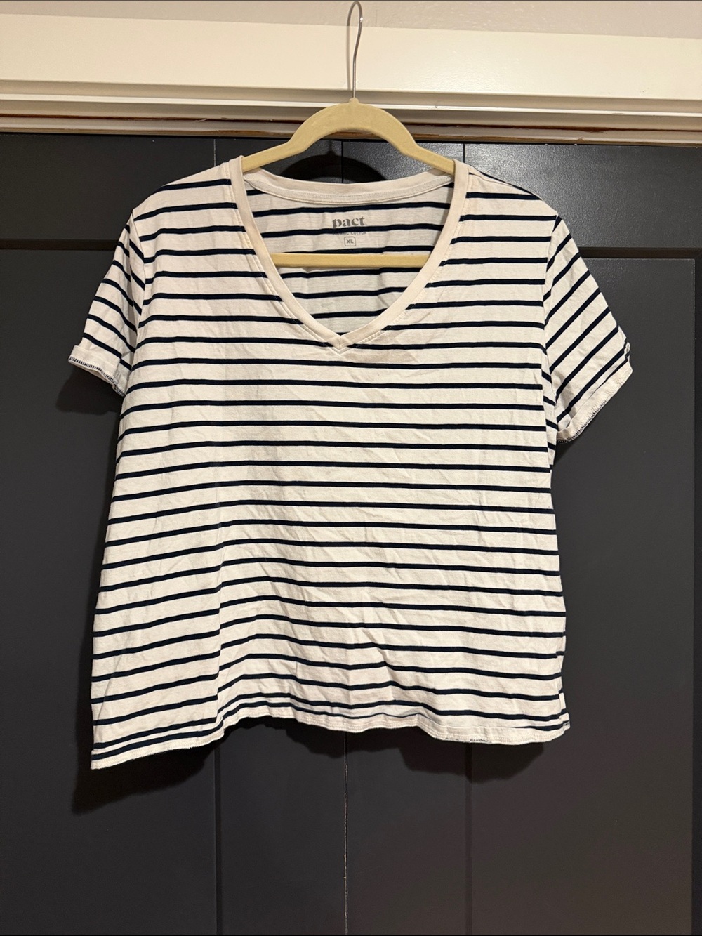 Pact White and Navy Striped V-Neck Tee